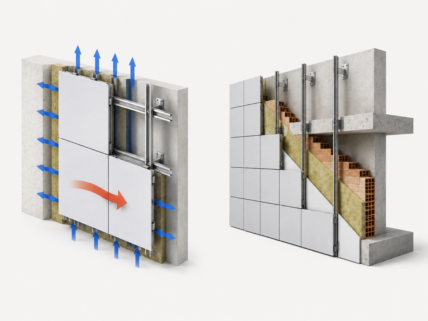 Esquema constructivo de fachada ventilada con paneles ACM, cámara de aire, aislamiento y subestructura de anclaje